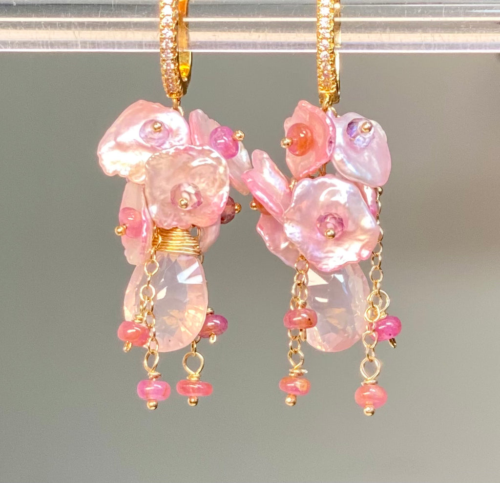 Rose Quartz Pink Keishi Pearl Cluster Earrings