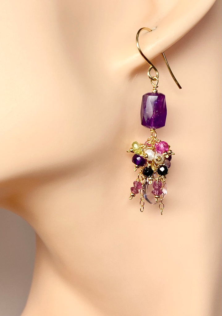 Amethyst Dangle Earrings, Multi Gemstone Cluster Earrings