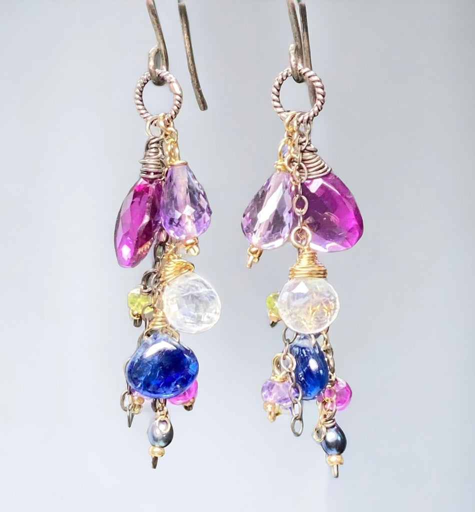 Blue Violet Gemstone Dangle Earrings, Mixed Metals