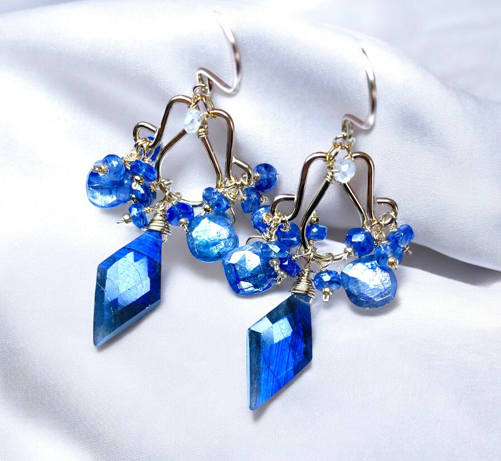 Blue Labradorite, Kyanite Handmade Chandelier Earrings, Gold Fill