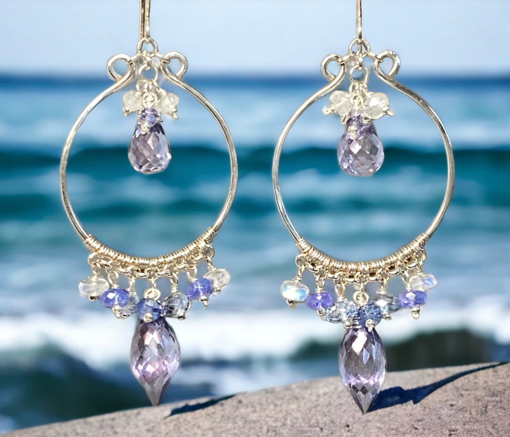 Blue purple gemstone chandelier earrings sterling silver