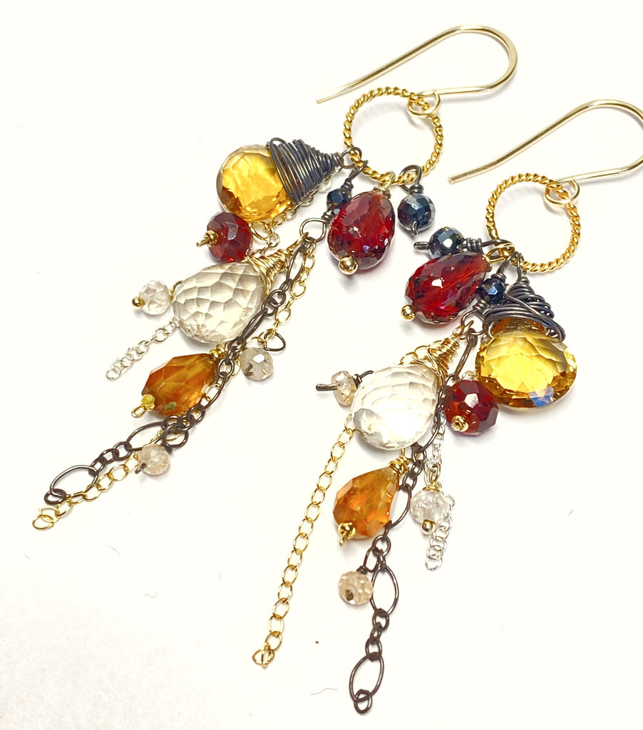 Multi Gemstone Dangle Earrings Garnet Citrine Mixed Metal - Doolittle