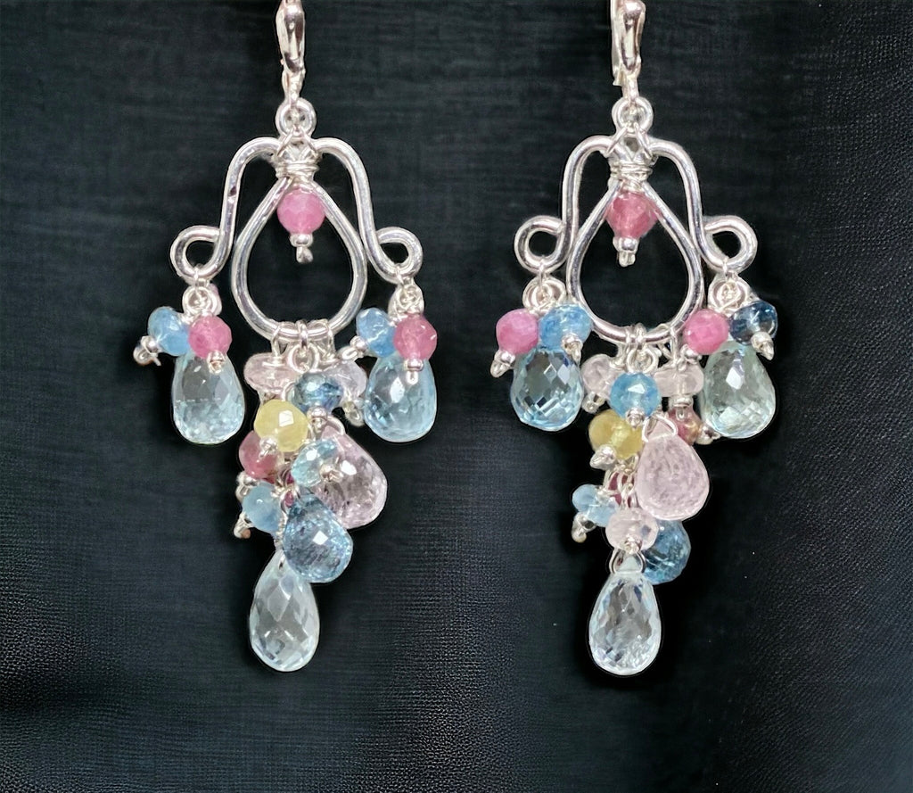 Dangle Gemstone Chandelier Earrings with Aquamarine in Sterling Silver