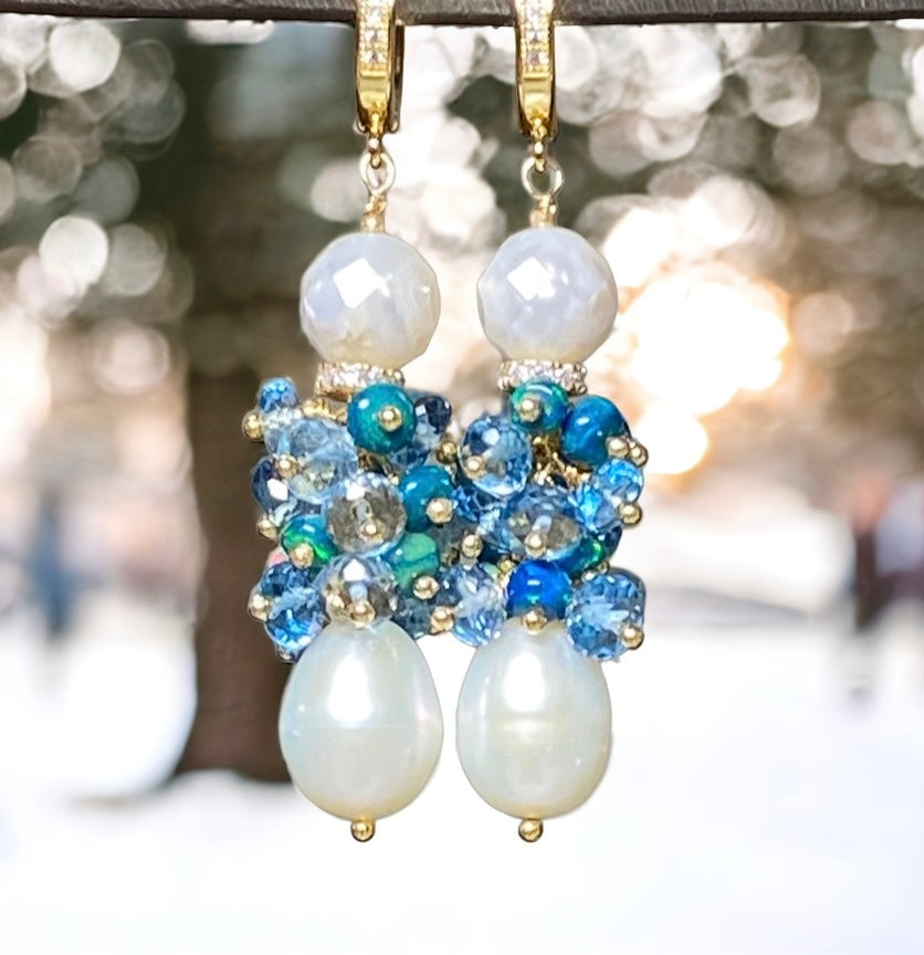 Pearl and London Blue Topaz and Opal Cluster Earrings - Doolittle