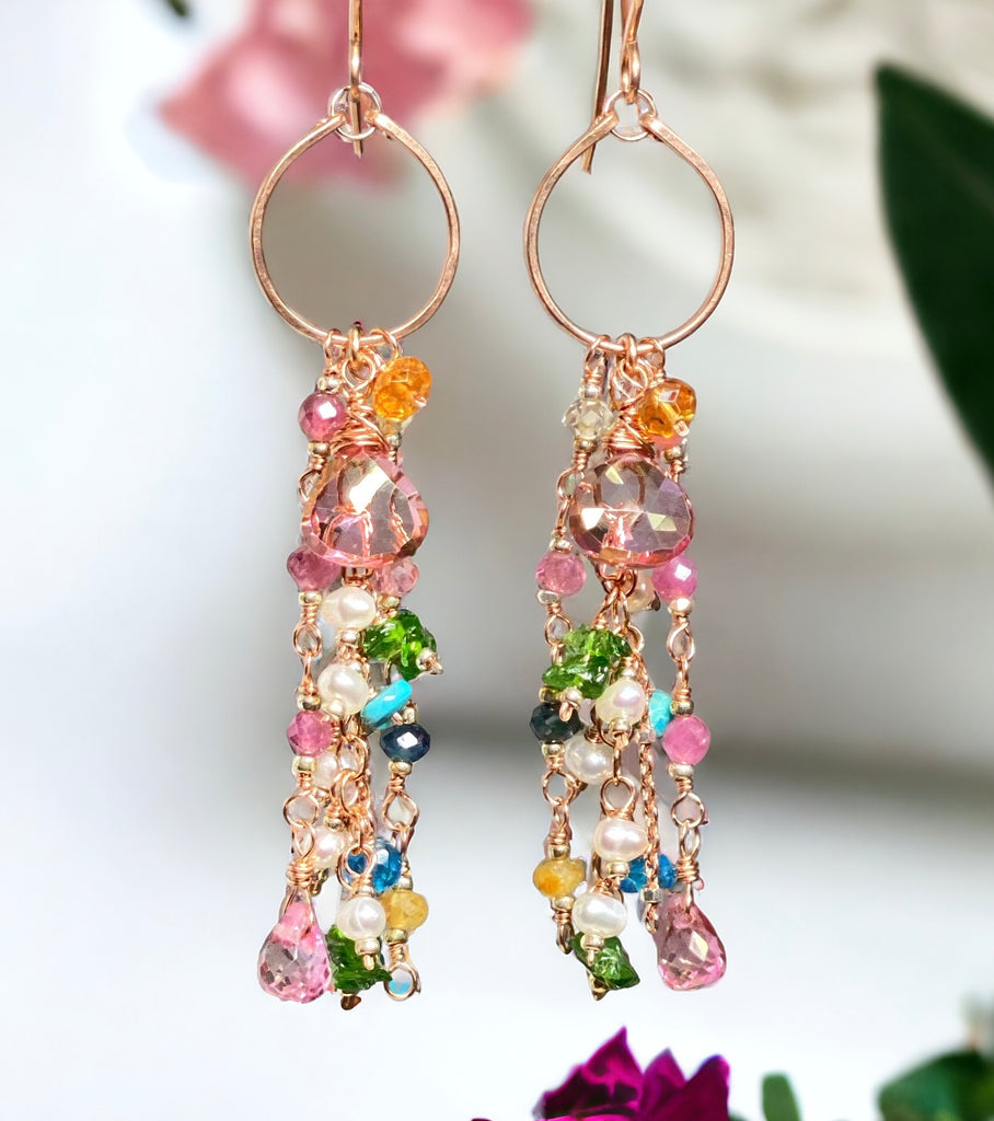 Mystic Topaz Multicolor Gemstone Long Boho Dangle Earrings Rose Gold