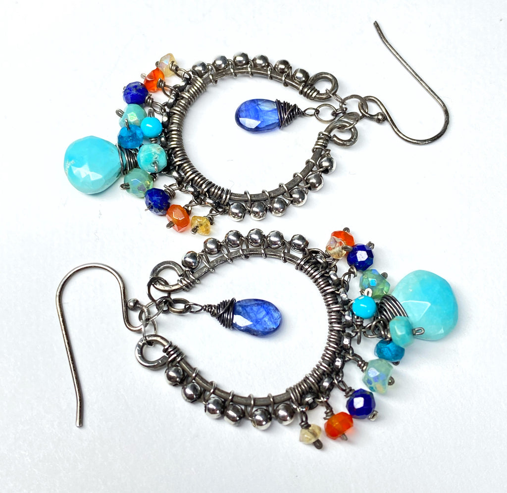 Sleeping Beauty Turquoise Chandelier Earrings, Multi Gemstone, Oxidized Sterling Silver, Handmade