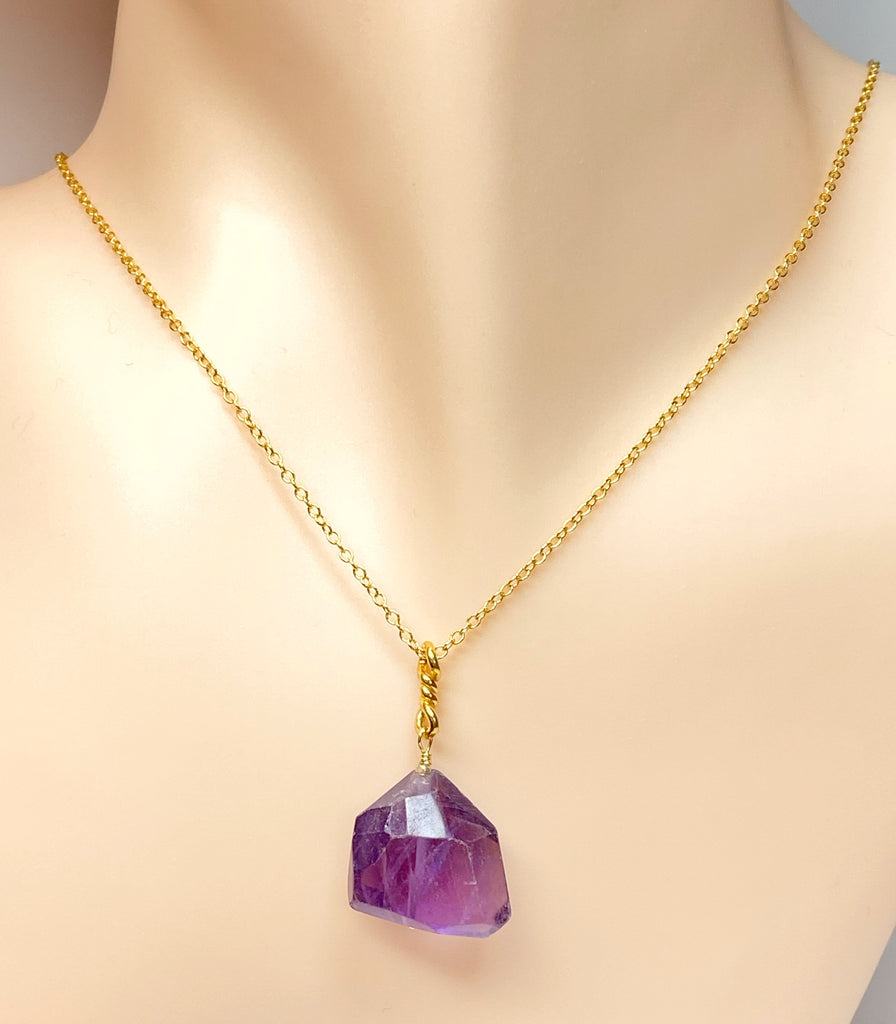 Amethyst Faceted Nugget Pendant, Dainty Gold Fill Necklace