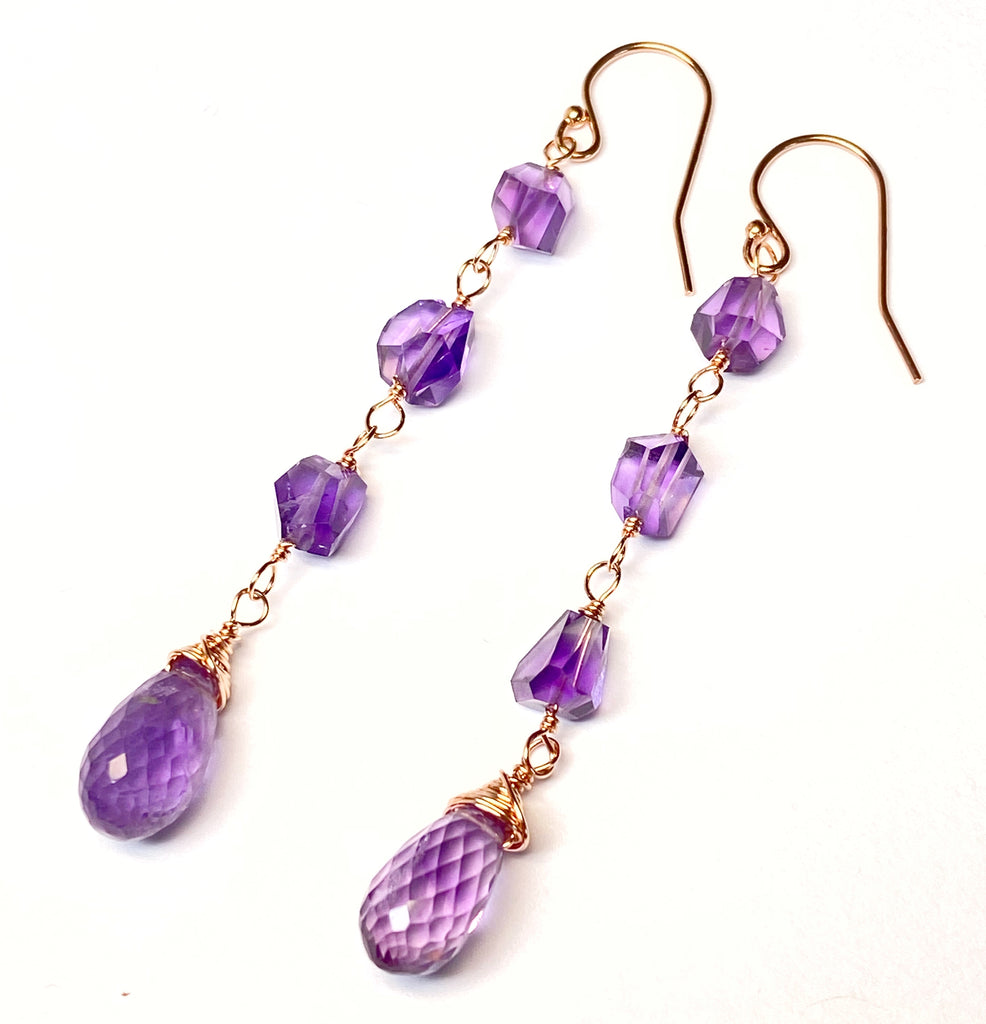 Amethyst Gemstone Nugget Dangle Earrings Rose Gold Fill 2