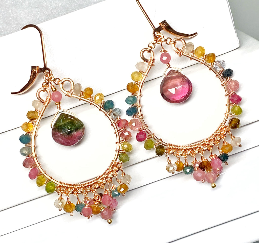 Tourmaline Rose Gold Hoop Chandelier Earrings