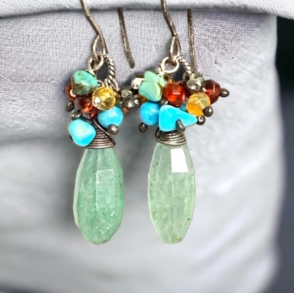 Green Aventurine Cluster Earrings with Fire Opal, Turquoise & Garnet