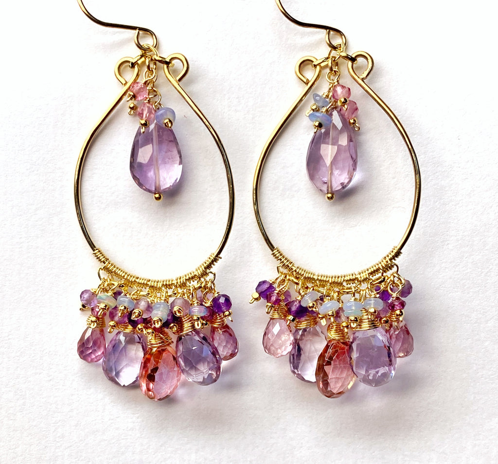 Gemstone Statement Chandelier Earrings in Pink, Lavender, Violet 2