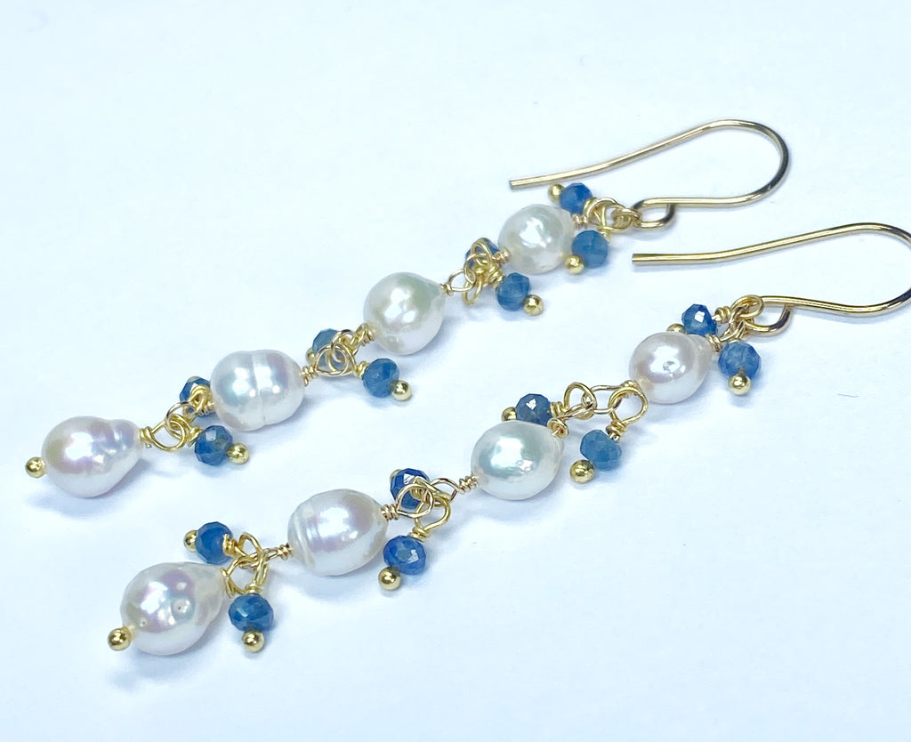 Blue Sapphire and Pearl Long Dainty Earrings Gold Fill