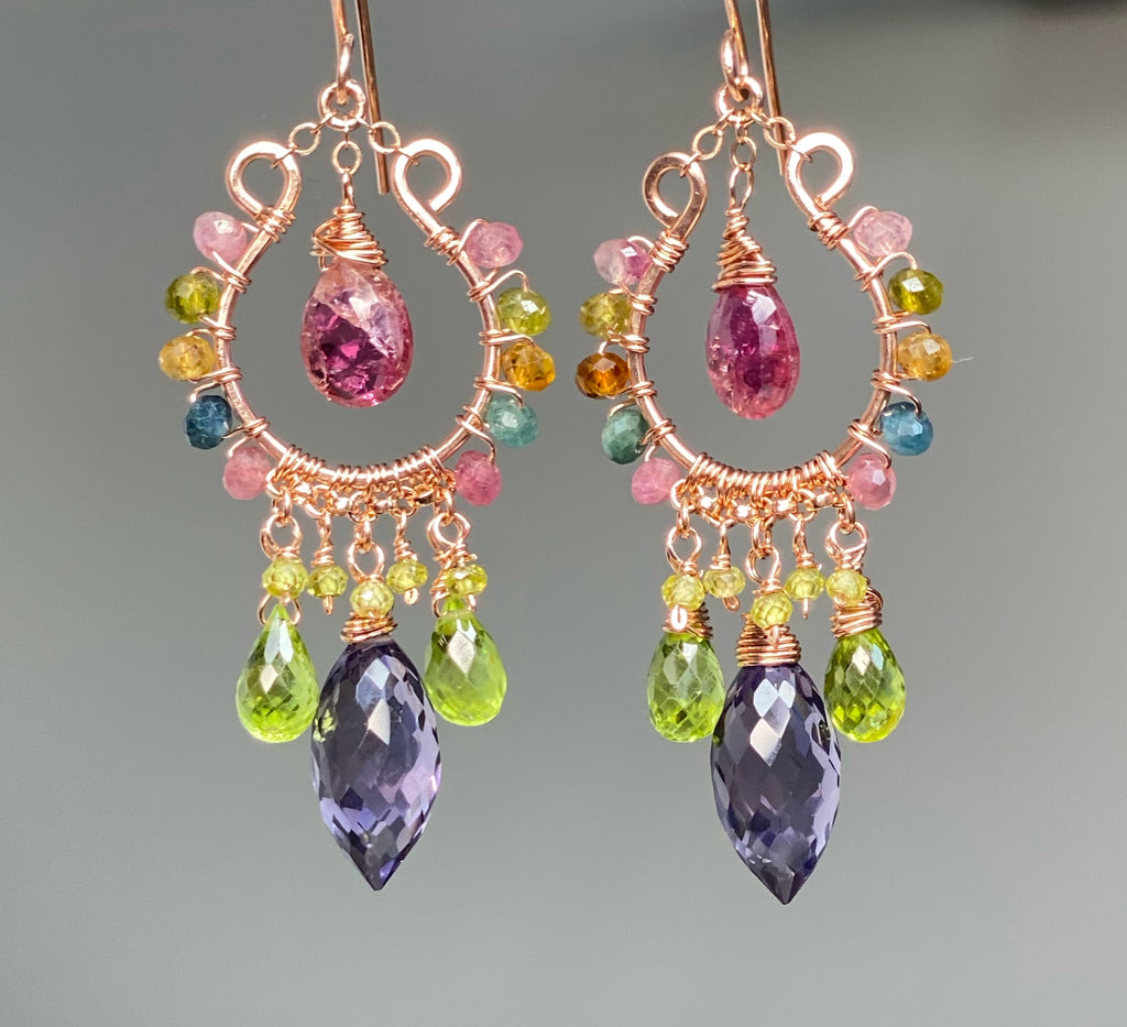 Rose Gold Chandelier Earrings: Pink Tourmaline, Peridot, Amethyst