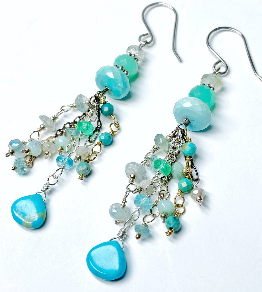 Multi Gemstone Gem Dangle Earrings, Tassel Style, Turquoise, Chrysoprase, Sterling Silver