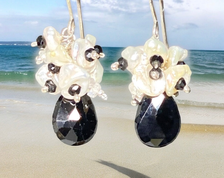 Black Spinel White Keishi Pearl Cluster Earrings