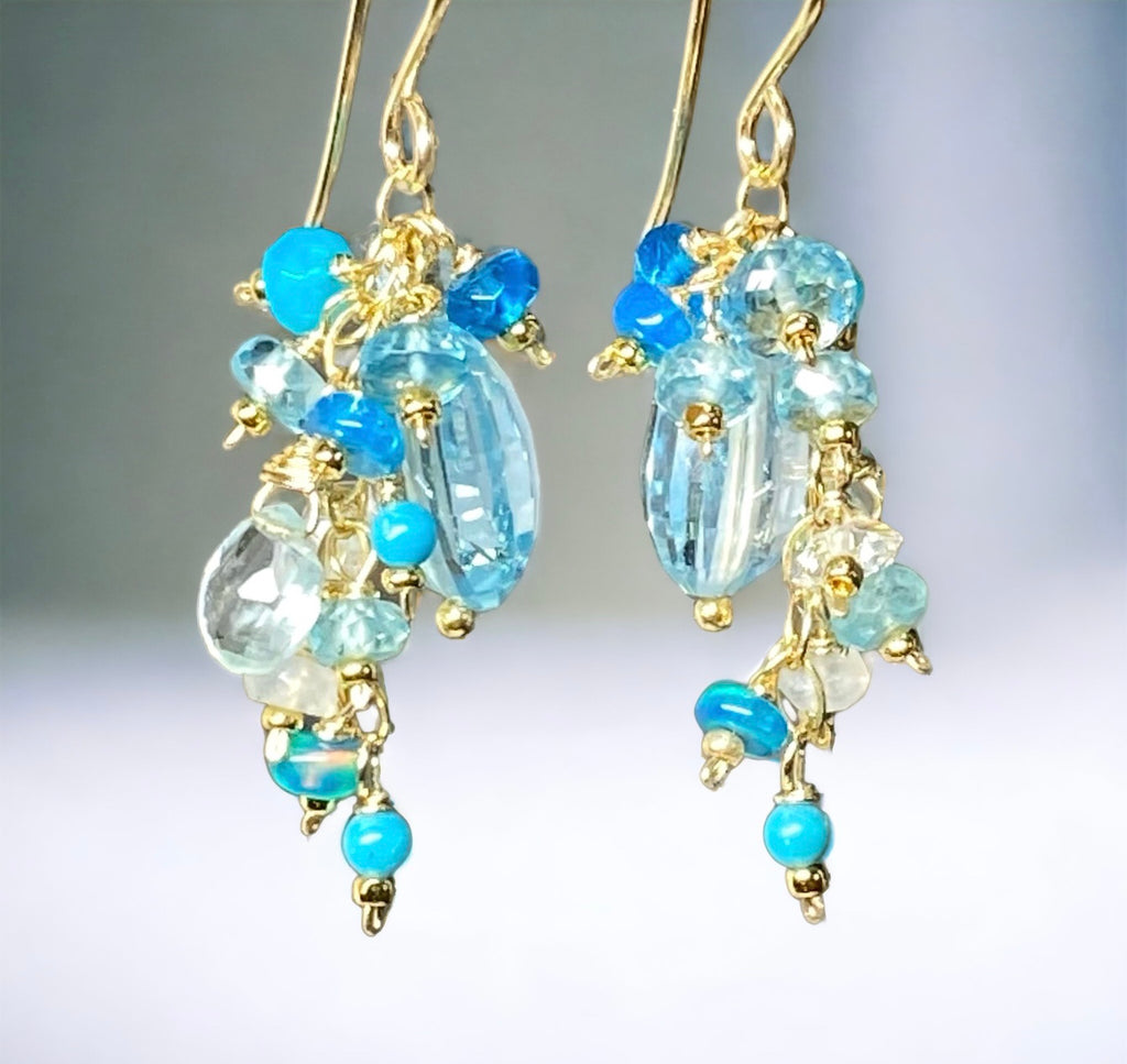 Blue Topaz Dangle Earrings with Multi Gemstone Cluster, Garnet, Opal, Chrome Diopside