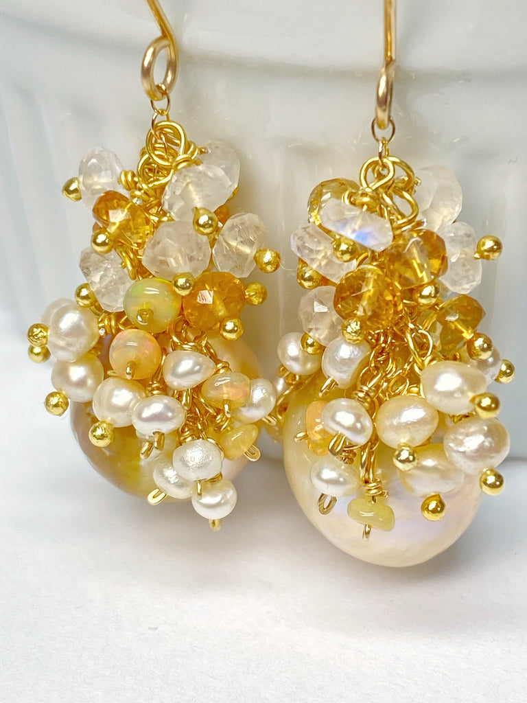 Baroque Pond Slime Pearl Cluster Earring with Citrine, Opal, Moonstone