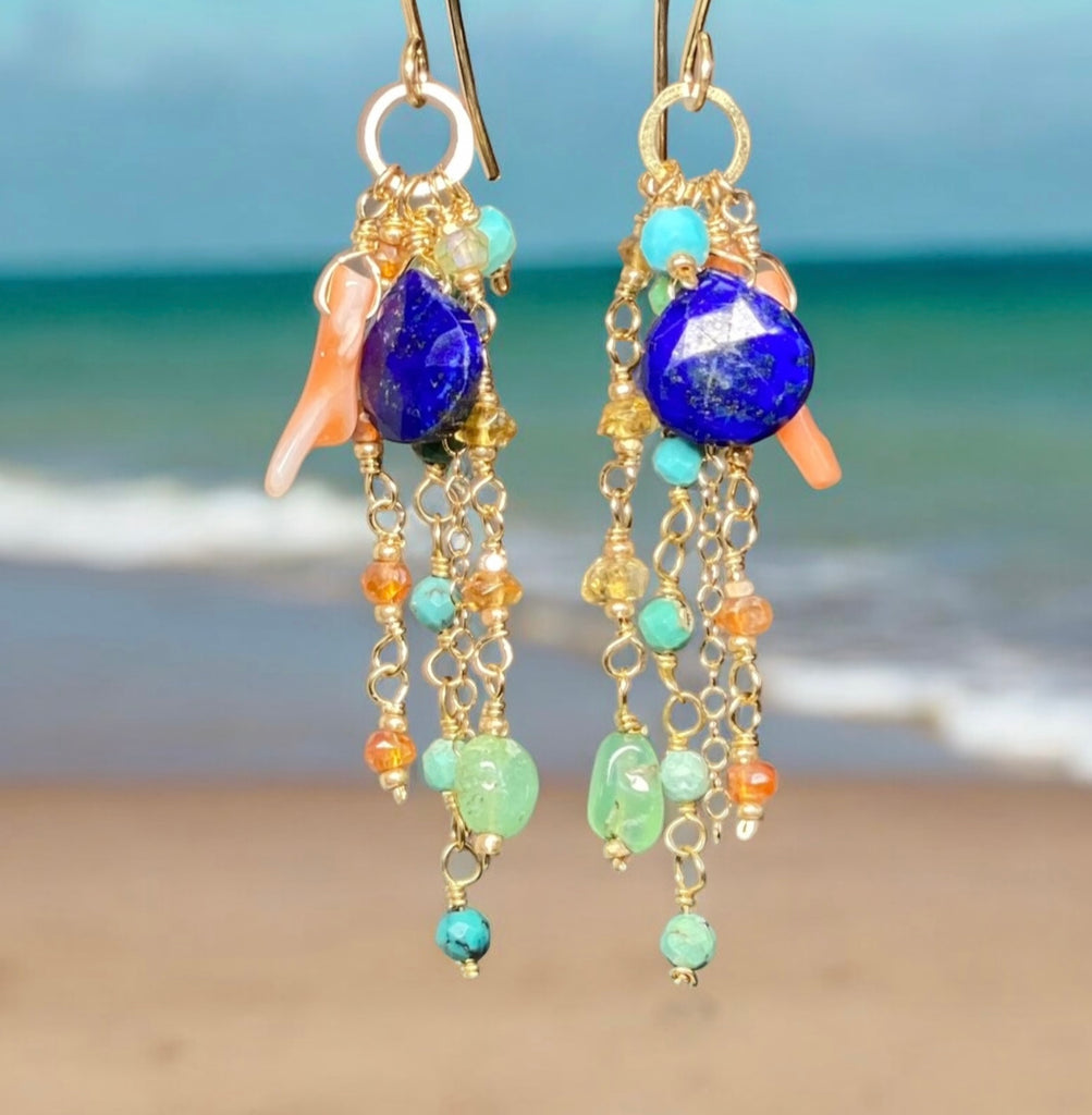 Blue Lapis Dangle Earrings Boho Style with Coral, Chrysoprase, Turquoise, Carnelian Gold Fill