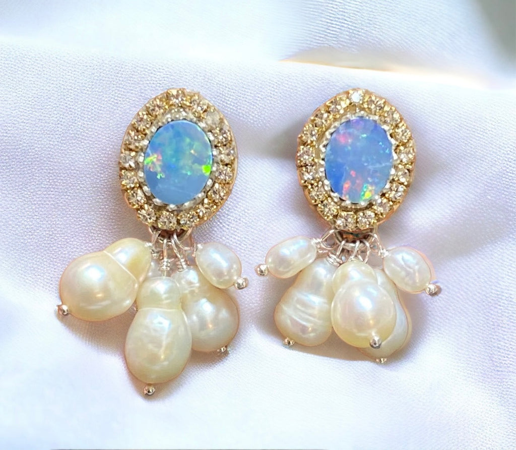 Baroque Pearl and Lightning Ridge Boulder Opal Earrings