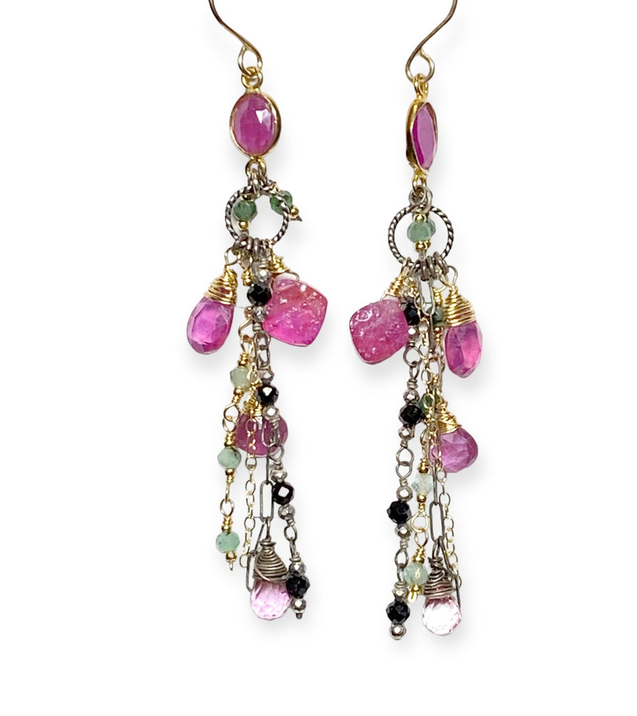 Pink Sapphire and Multi Gemstone Long Dangle Earrings Mixed Metals