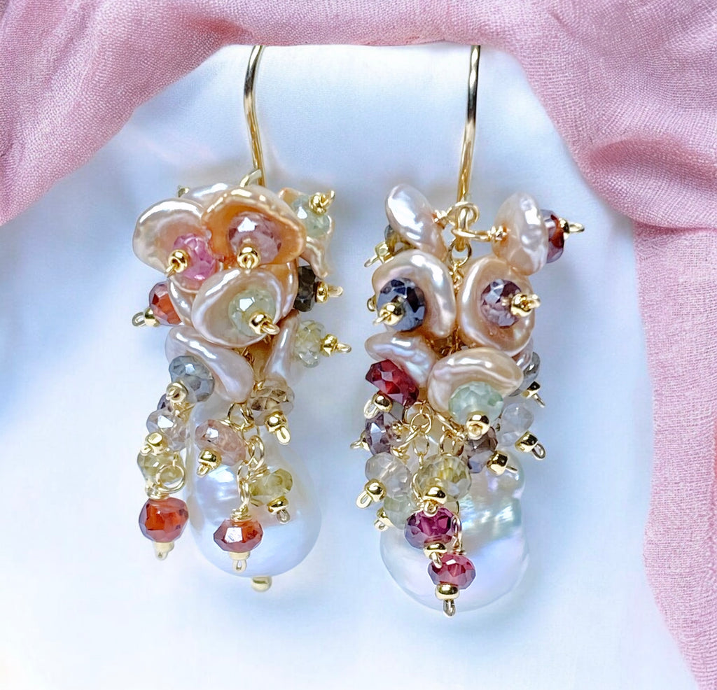 Baroque Flameball Pearl Earrings with Keishi Pearls and Sapphires