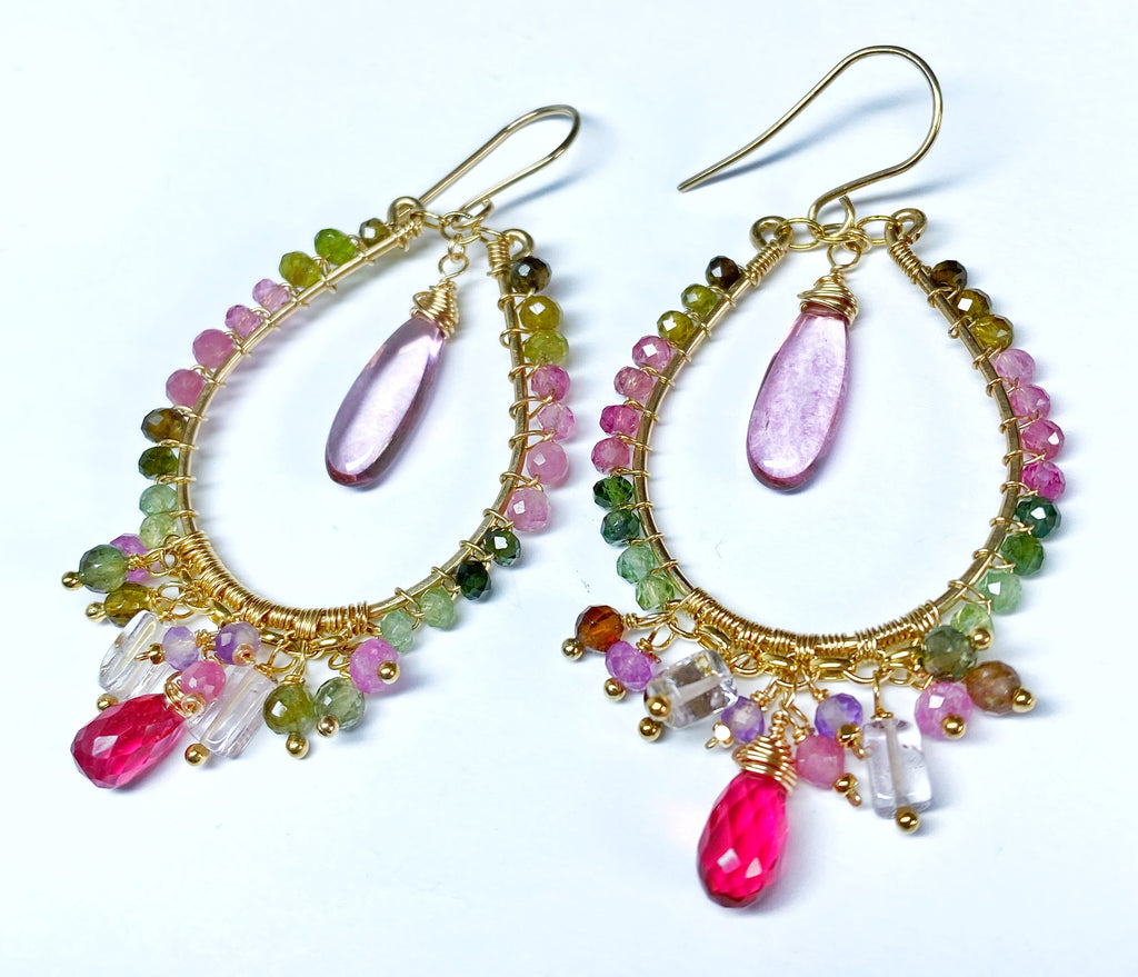 Tourmaline Gemstone Gold Fill Hoop Chandelier Earrings