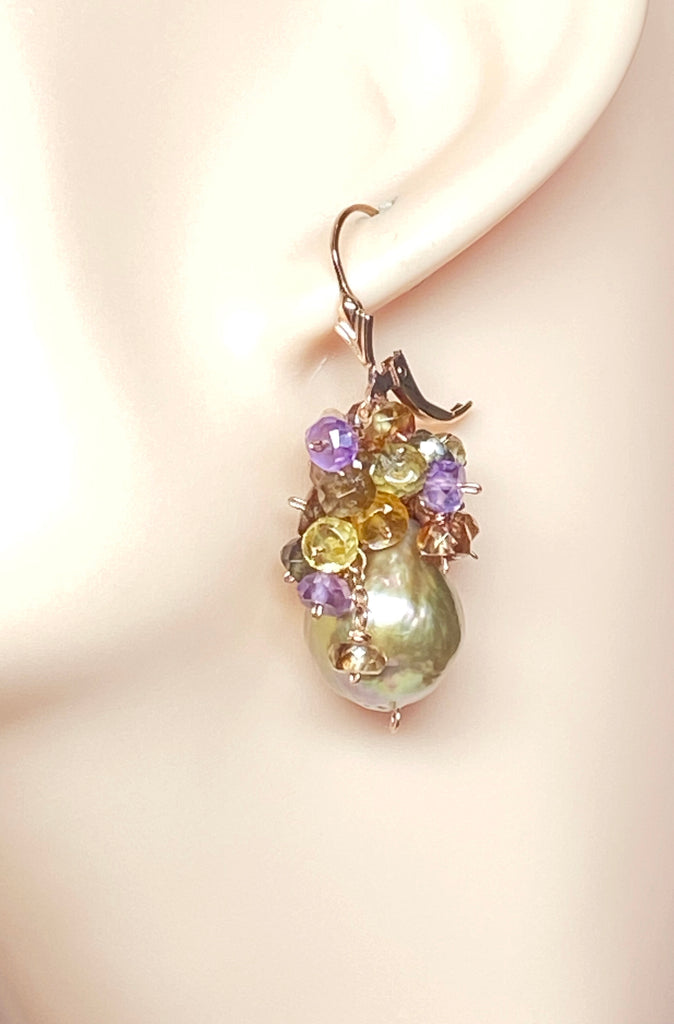 Multi Gemstone Cluster and Pond Slime Gold White Pearl Earrings Rose Gold