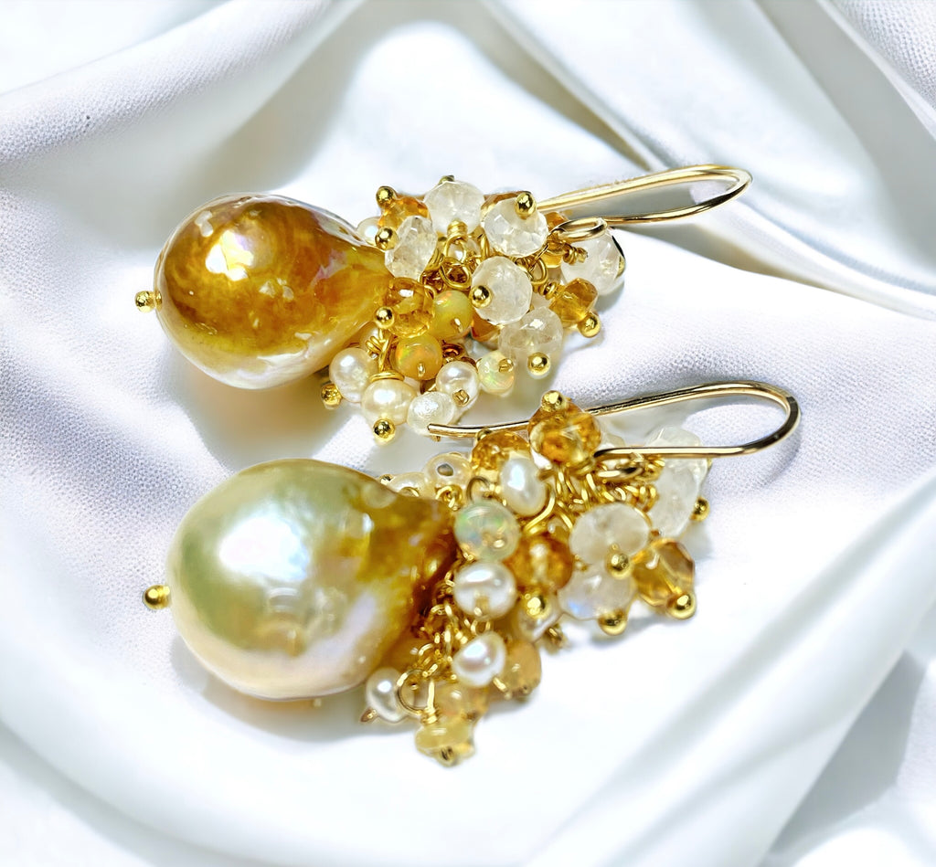 Baroque Pond Slime Pearl Cluster Earring with Citrine, Opal, Moonstone