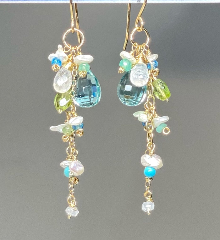 Aqua Quartz, Moonstone & Peridot Dangle Earrings Gold Fill — Turquoise, Chrysoprase & Keishi Pearl