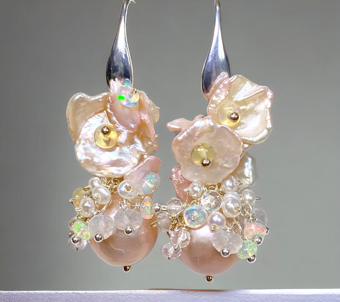 Pink Pearl Blush Keishi and Opal Cluster Earrings in Sterling Silver