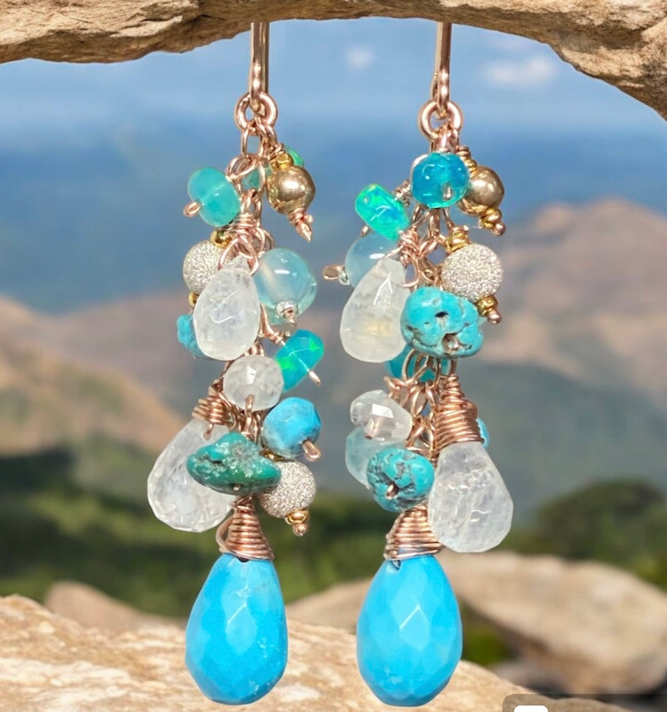 Gemstone Dangle Earrings Turquoise Rose Gold Fill