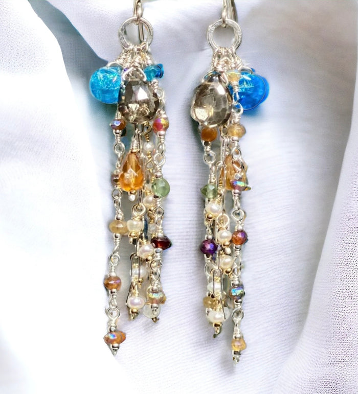 Boho Long Gem Dangle Earrings in Mixed Metals with Smokey Quartz, Apatite