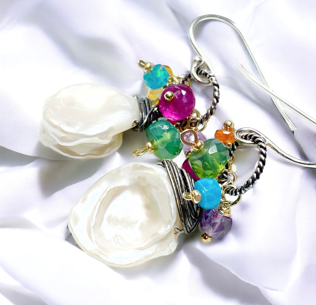 Keishi Pearl Earrings with Colorful Gems and Mixed Metals
