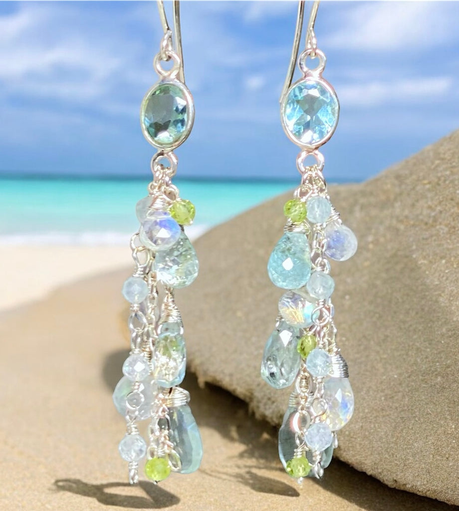 Blue Topaz, Peridot Long Gem Dangle Earrings Sterling Silver