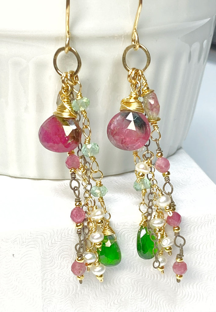 Bicolor Rubellite Tourmaline Briolette and Mixed Metal Gemstone Dangle Earrings