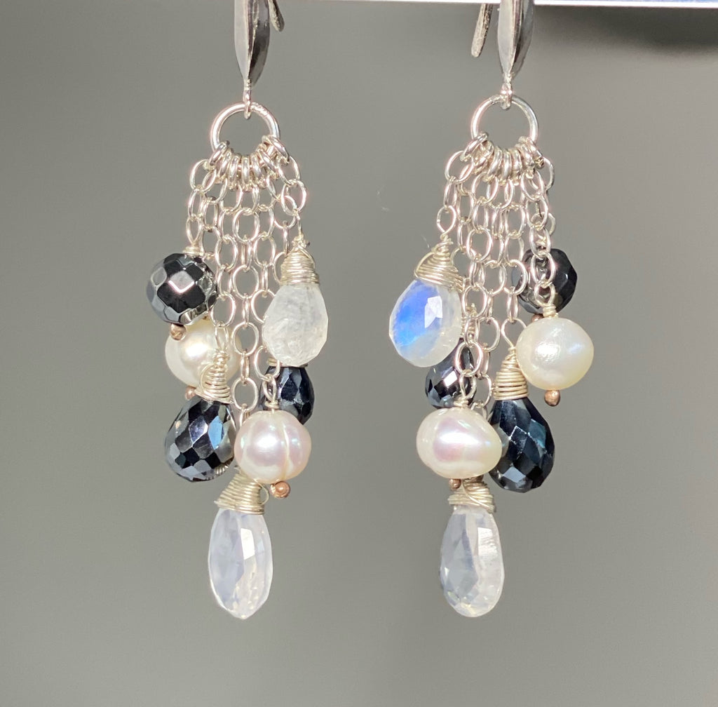 Black and White, Moonstone Black Spinel Dangle Earrings, Sterling SIlver