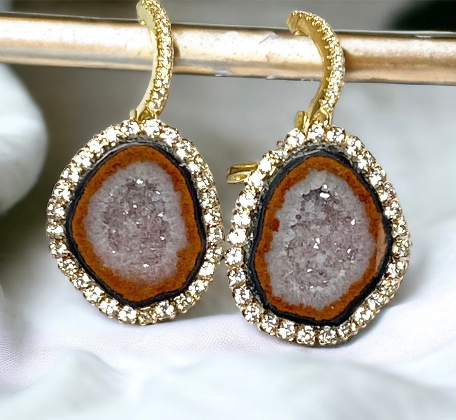 Grey Russet Tabasco Geode Druzy Earrings Diamond Style Dangle Earrings