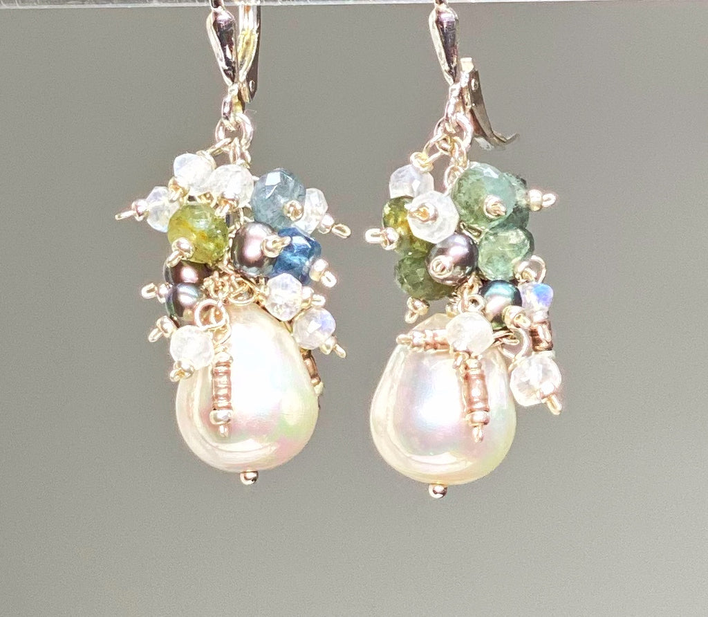 Moss Aquamarine and Pearl Cluster Earrings, Sterling Silver