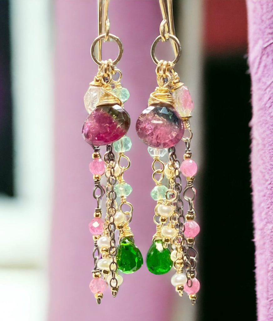 Bicolor Rubellite Tourmaline Briolette and Mixed Metal Gemstone Dangle Earrings