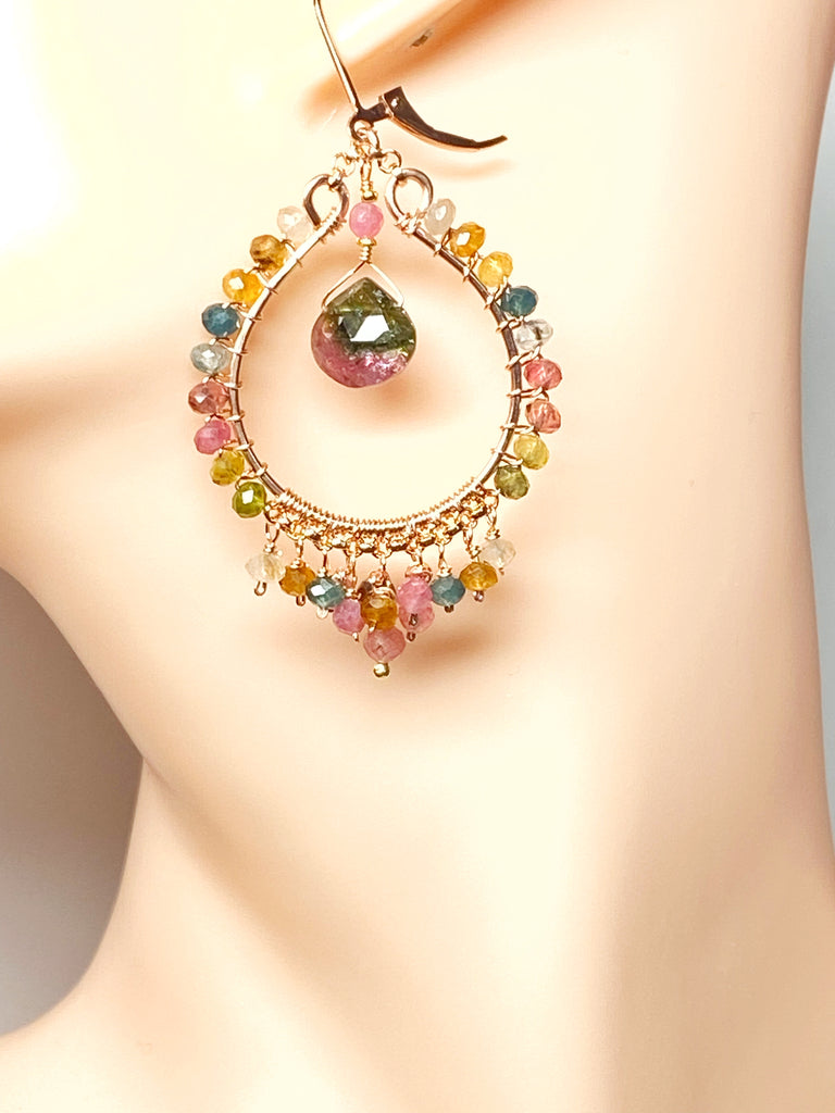 Tourmaline Rose Gold Hoop Chandelier Earrings