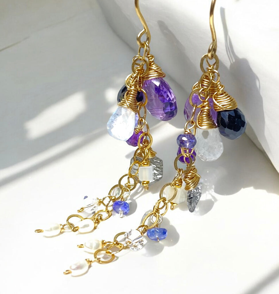 Amethyst Black Spinel Dangle Wire Wrap Moonstone Earrings 2