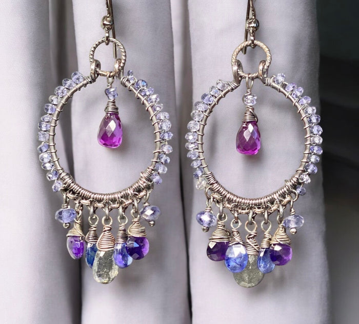 Blue Violet Sterling Silver Hoop Chandelier Earrings Iolite, Kyanite, Amethyst, Labradorite