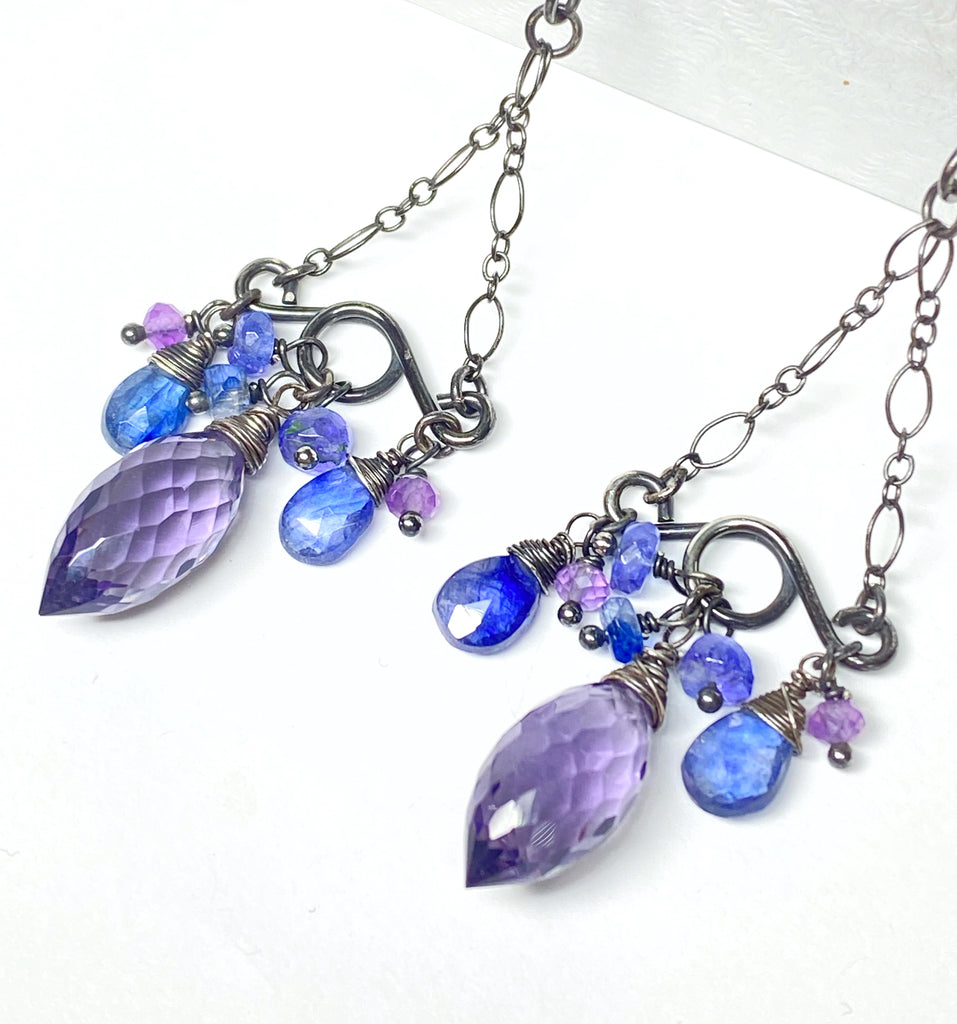 Blue Purple Gemstone Handmade Chandelier Earrings Oxidized Silver Tanzanite