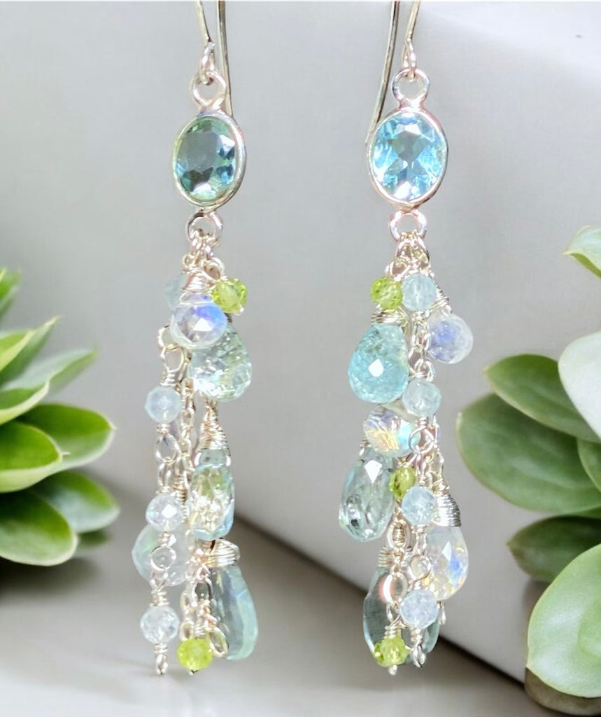 Blue Topaz, Peridot Long Gem Dangle Earrings Sterling Silver