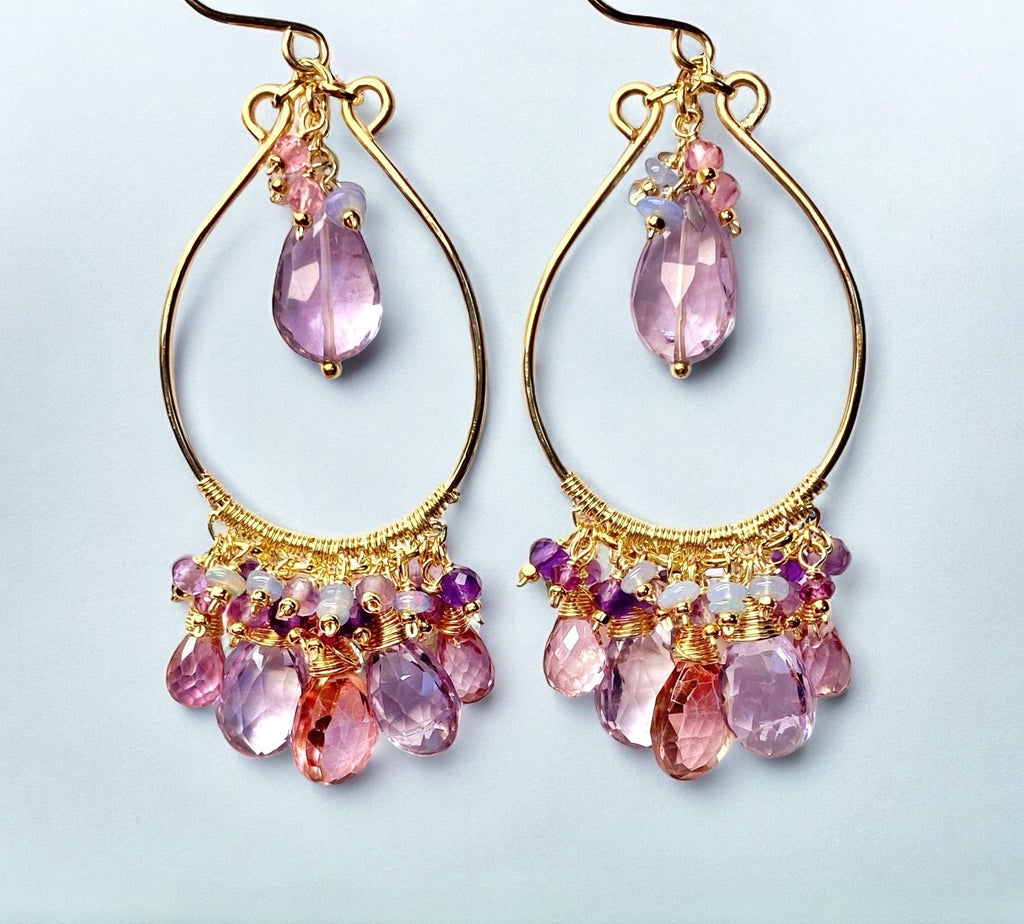 Gemstone Statement Chandelier Earrings in Pink, Lavender, Violet 2