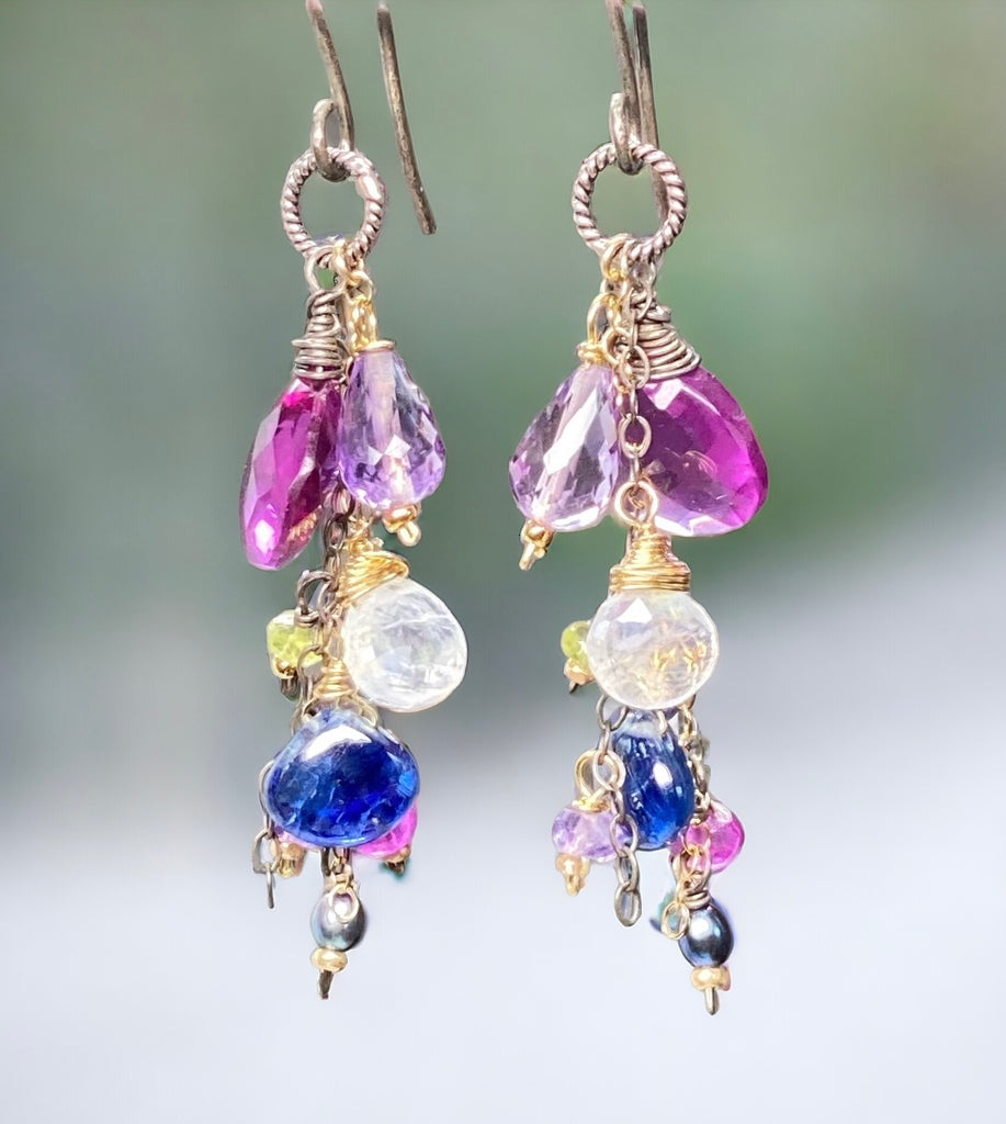 Blue Violet Gemstone Dangle Earrings, Mixed Metals