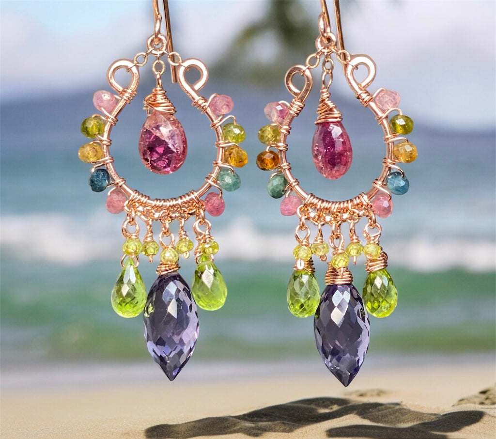 Rose Gold Chandelier Earrings: Pink Tourmaline, Peridot, Amethyst