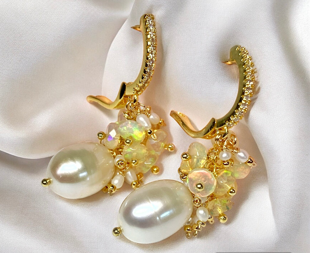 Pearl and Opal Cluster Earrings Gold