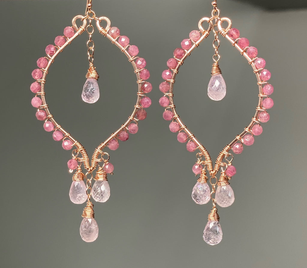 Pink Tourmaline and Morganite Rose Gold Hoop Chandelier Earrings