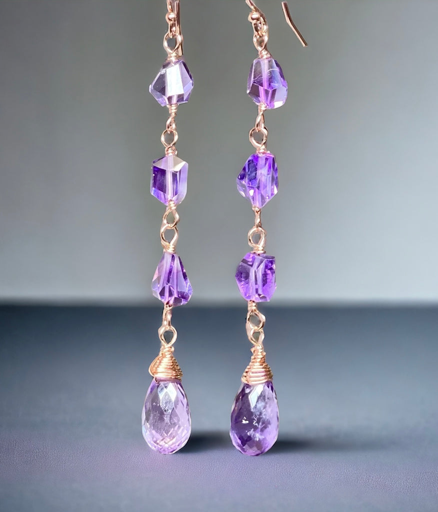 Amethyst Gemstone Nugget Dangle Earrings Rose Gold Fill 2